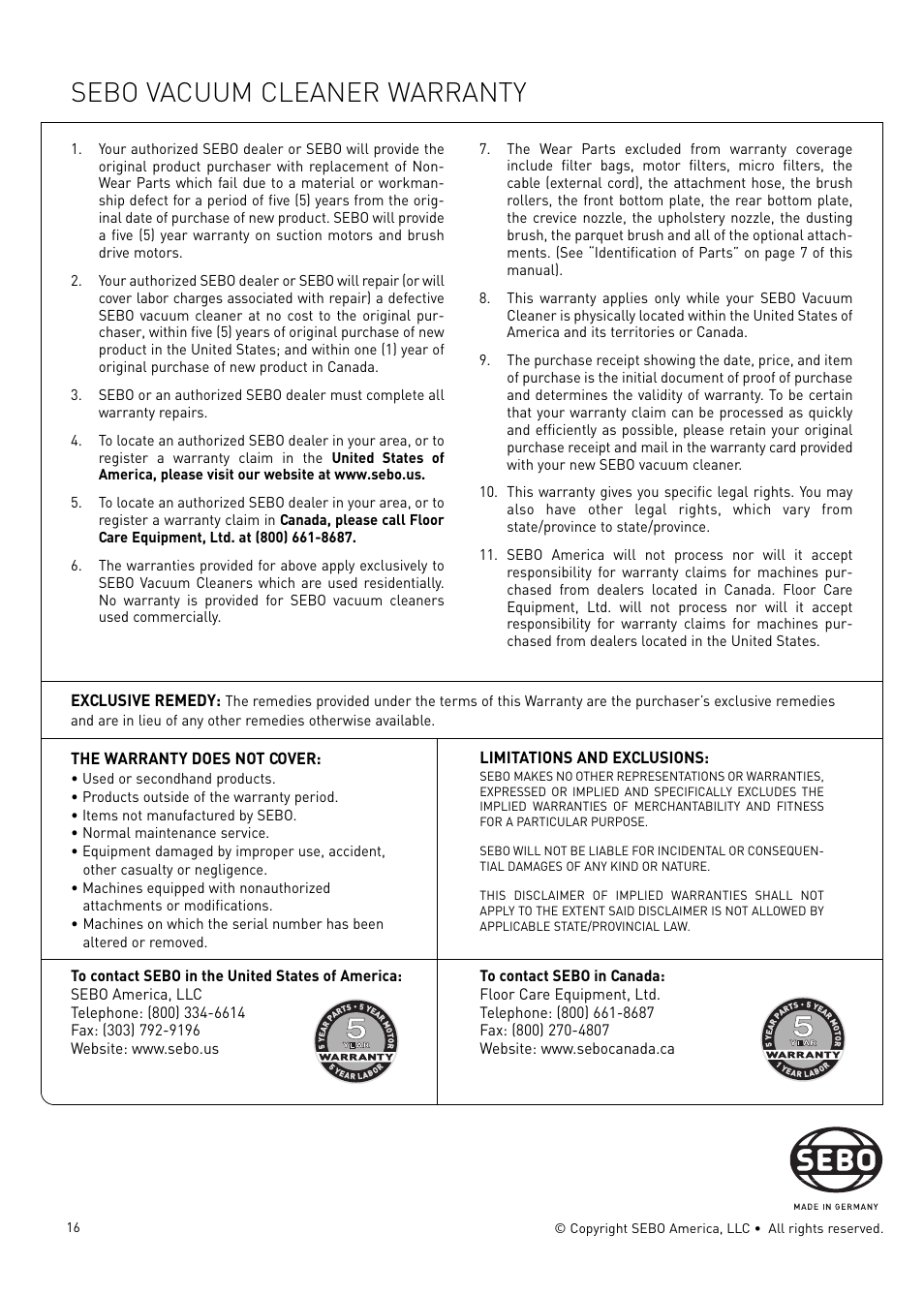 Sebo vacuum cleaner warranty | Sebo Airbelt D User Manual | Page 16 / 16