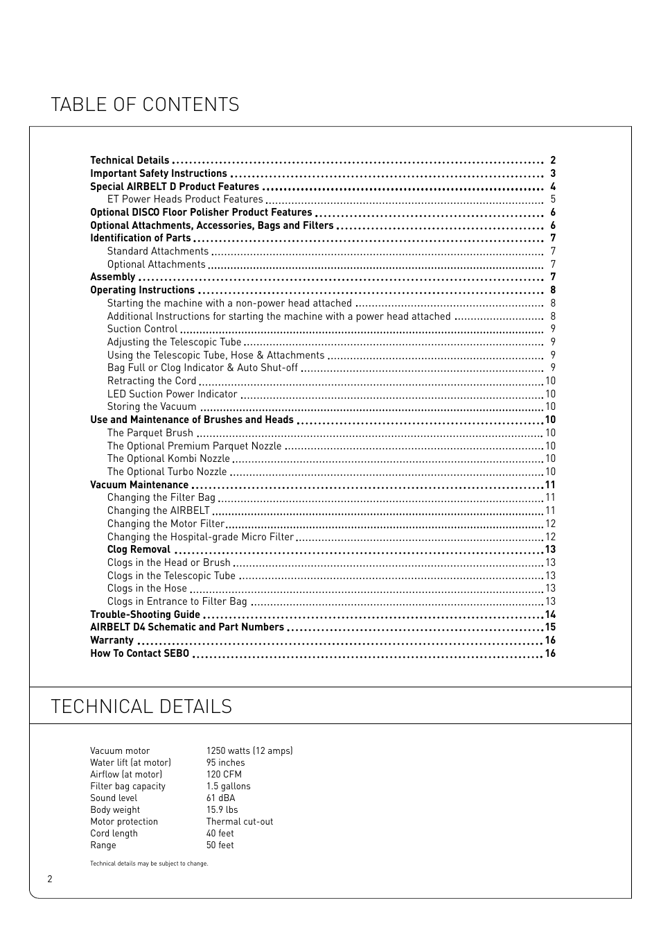 Table of contents technical details | Sebo Airbelt D User Manual | Page 2 / 16