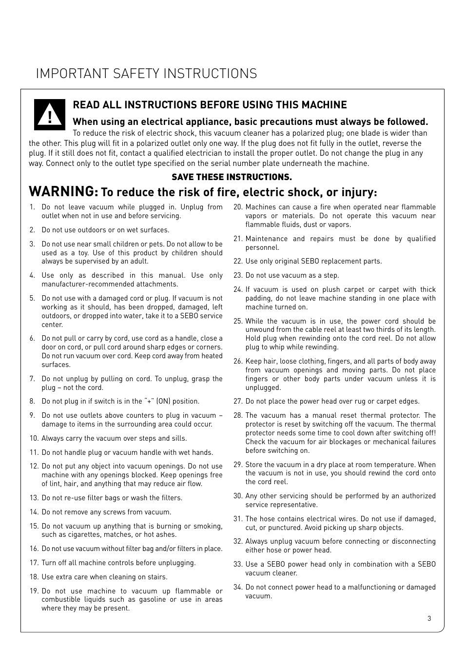 Warning, Important safety instructions, Read all instructions before using this machine | Sebo Airbelt D User Manual | Page 3 / 16