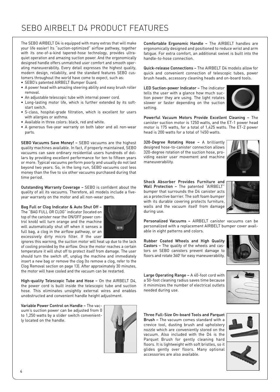 Sebo airbelt d4 product features | Sebo Airbelt D User Manual | Page 4 / 16