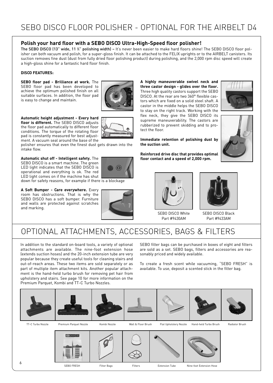 Optional attachments, accessories, bags & filters | Sebo Airbelt D User Manual | Page 6 / 16
