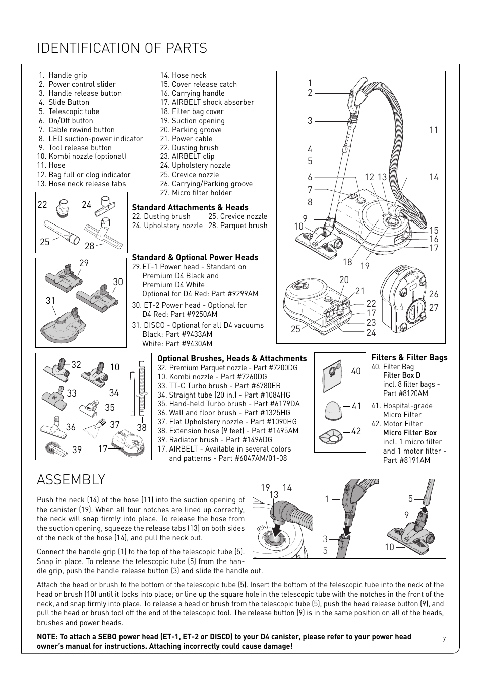 Identification of parts, Assembly | Sebo Airbelt D User Manual | Page 7 / 16