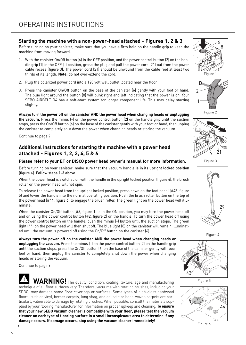 Warning, Operating instructions | Sebo Airbelt D User Manual | Page 8 / 16