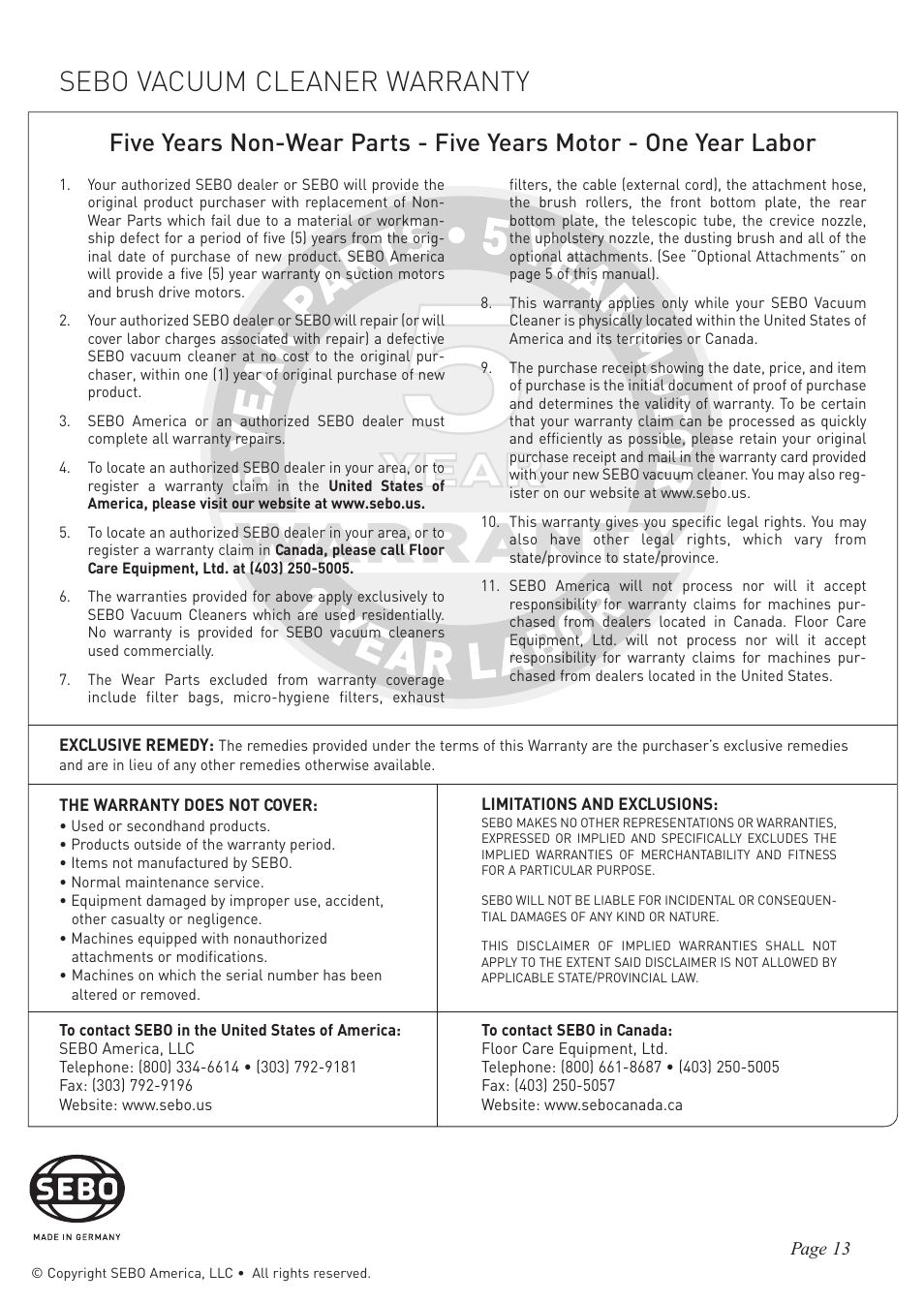 Sebo vacuum cleaner warranty | Sebo G-SERIES User Manual | Page 14 / 14