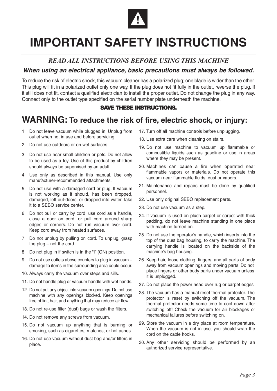 Important safety instructions, Warning, Read all instructions before using this machine | Sebo G-SERIES User Manual | Page 3 / 14