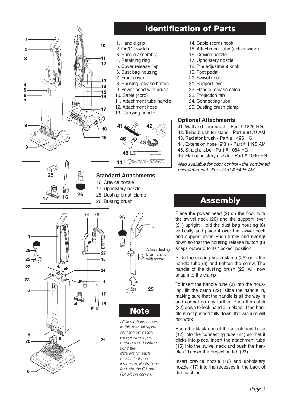 Identification of parts, Assembly | Sebo G-SERIES User Manual | Page 5 / 14