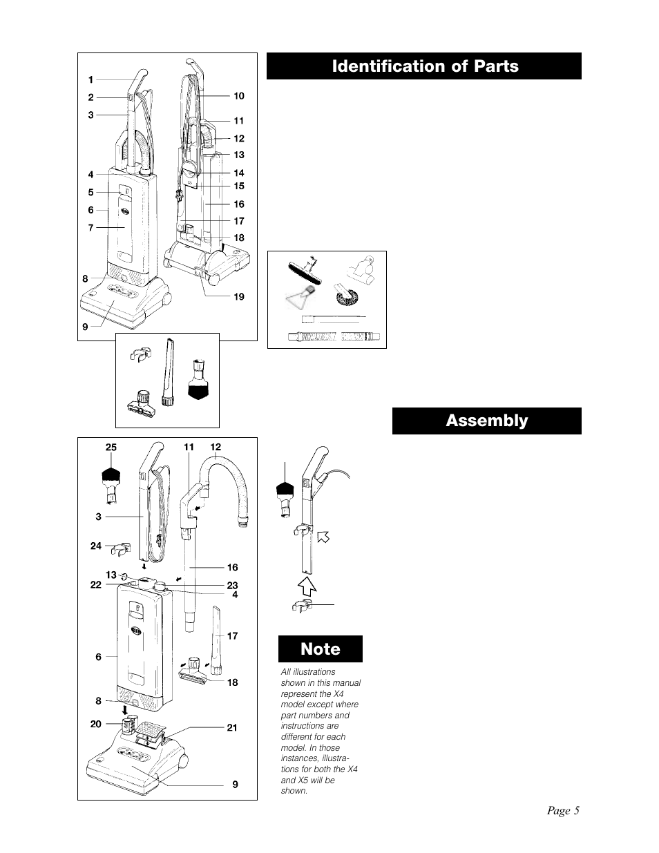 Identification of parts, Assembly | Sebo Automatic X5 User Manual | Page 5 / 14