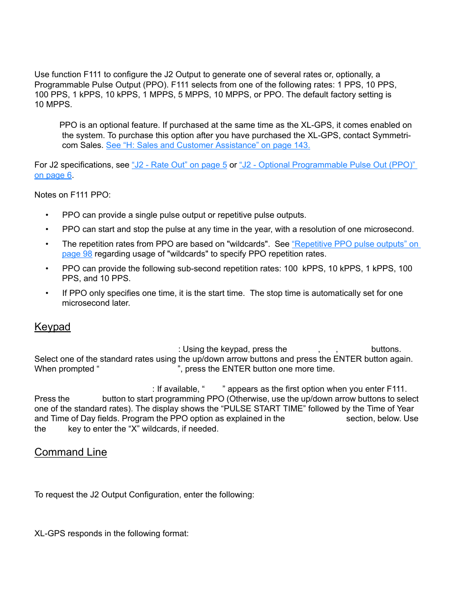 F111 - j2 output (rate, ppo), F111 – j2 output (rate, ppo), F111 | Keypad, Command line, Xl-gps responds in the following format, F111<cr | Symmetricom XL-GPS User Manual | Page 106 / 162