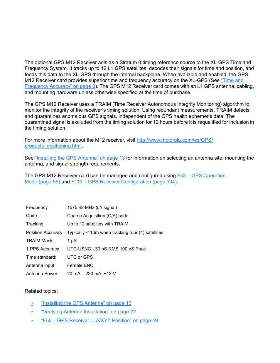 Gps m12 receiver (87-8028-2), Introduction, Specifications | Introduction specifications | Symmetricom XL-GPS User Manual | Page 119 / 162