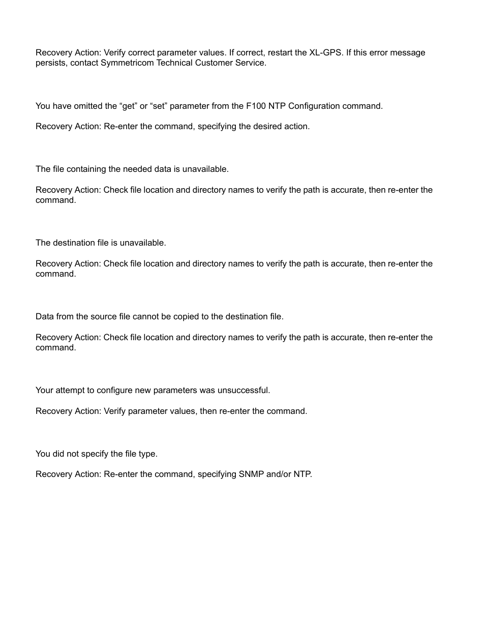 Error: action (get or set) is not specified, Error: can’t open source file <name, Error: can’t open dest file <name | Error: can’t write file <name, Error: configuration failed, Error: configuration type is not specified | Symmetricom XL-GPS User Manual | Page 122 / 162