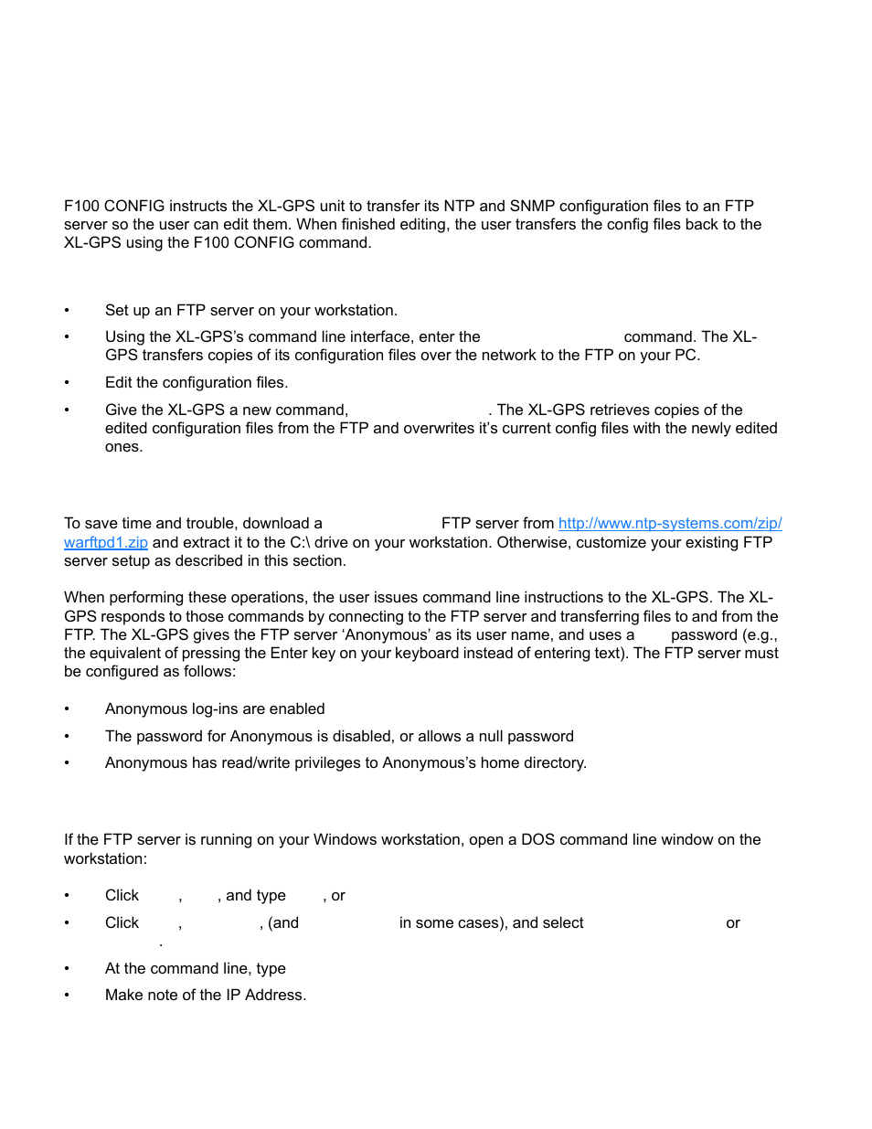 A: using f100 configuration, Configuring ntp & snmp parameters, Overview of steps | Set up the ftp server, Get the ip address of the ftp server/workstation, 1a: using f100 configuration | Symmetricom XL-GPS User Manual | Page 124 / 162