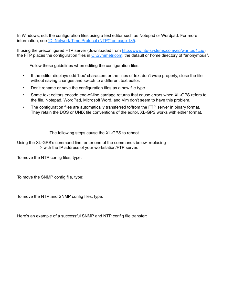 Edit the configuration files, Move the configuration files back to the xl-gps, F100 config snmp set host:<ip address> dir:<subdir | Symmetricom XL-GPS User Manual | Page 126 / 162