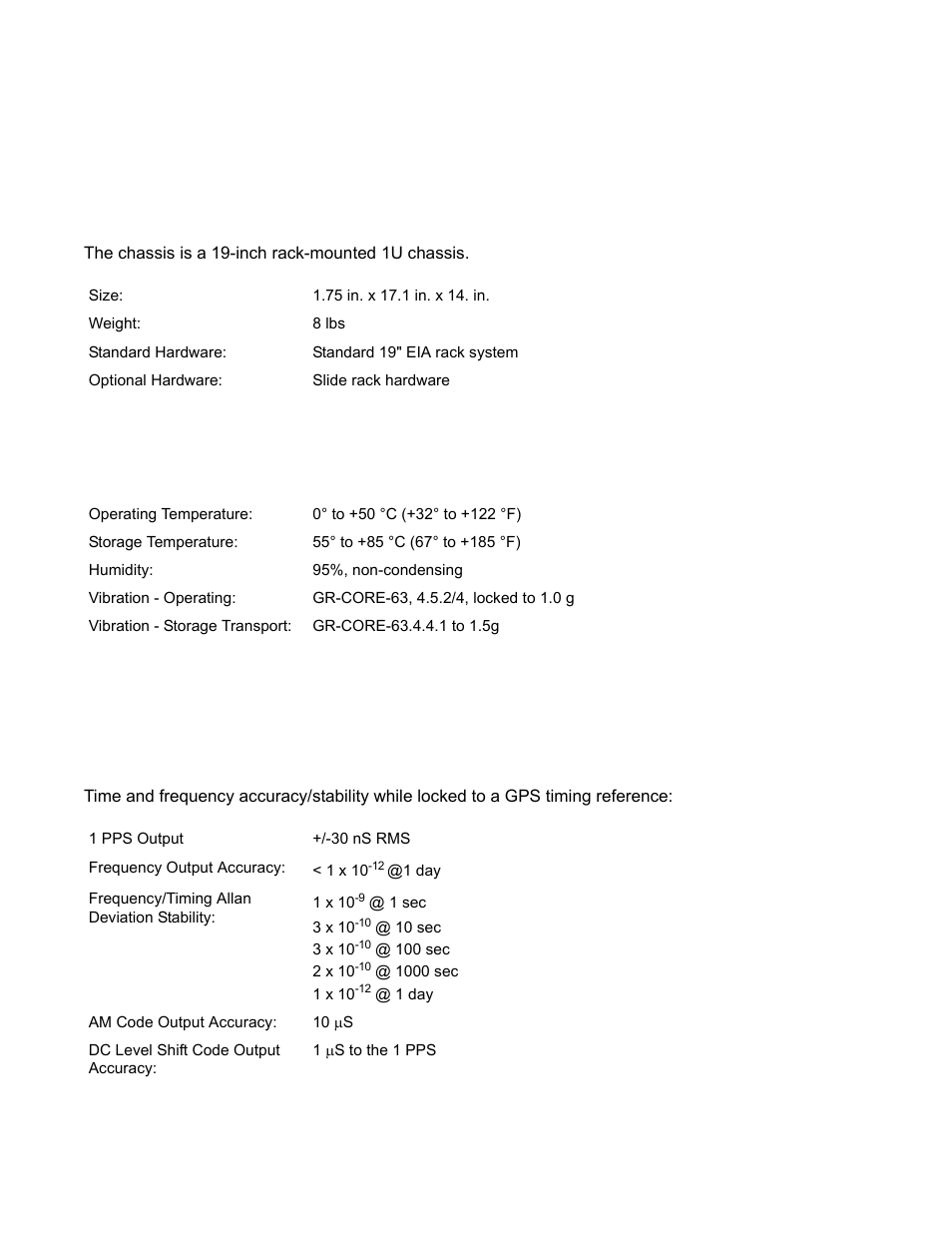 System specifications, Chassis, Environmental | Time and frequency accuracy, Gps reference, Environmental time and frequency accuracy, The chassis is a 19-inch rack-mounted 1u chassis, 1 sec 3 x 10 | Symmetricom XL-GPS User Manual | Page 13 / 162