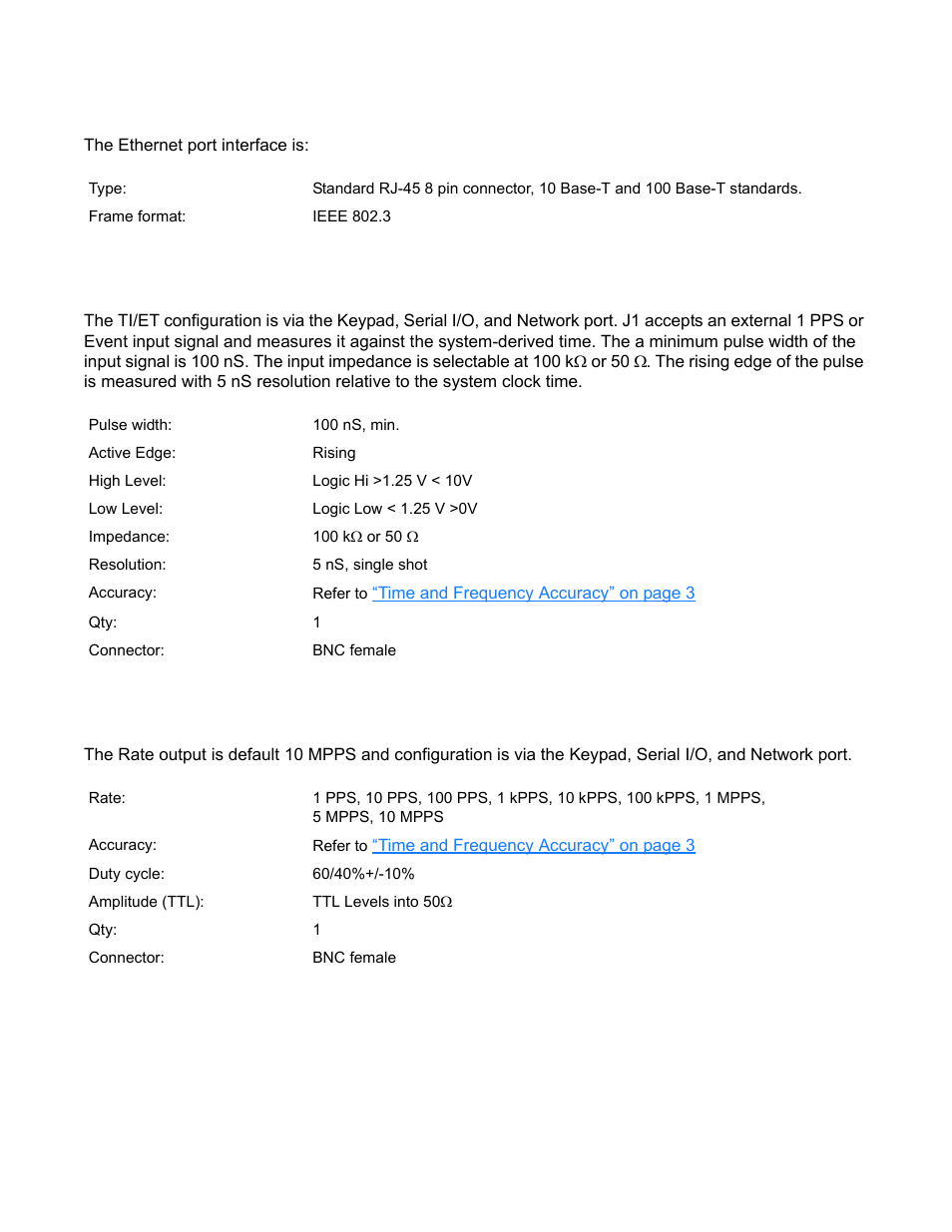 Network port 10/100, J1 - optional ti/et, J2 - rate out | The ethernet port interface is, Time and frequency accuracy” on page 3 | Symmetricom XL-GPS User Manual | Page 15 / 162