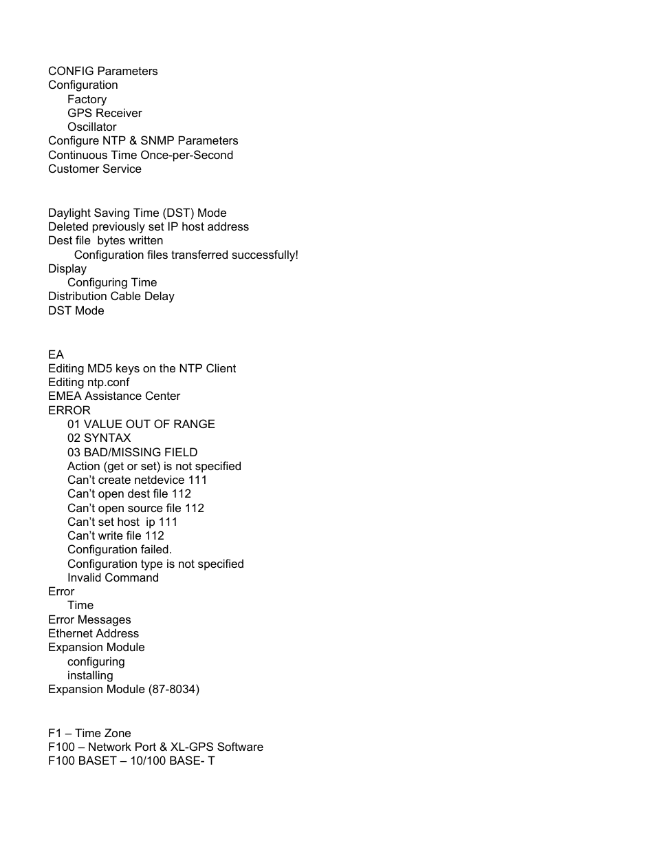 143 d, 58 e, Config parameters | Configuration fa ctory, Gps receiver, Oscillator, Configure ntp & snmp parameters, Continuous time once-per-second, Customer service, Daylight saving time (dst) mode | Symmetricom XL-GPS User Manual | Page 156 / 162