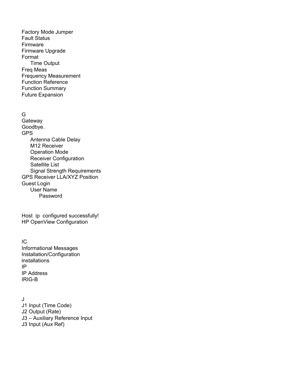 129 g, 29 h, 131 i | 73 j, Factory mode jumper, Fault status, Firmware, Firmware upgrade, Format time outpu t, Freq meas | Symmetricom XL-GPS User Manual | Page 158 / 162