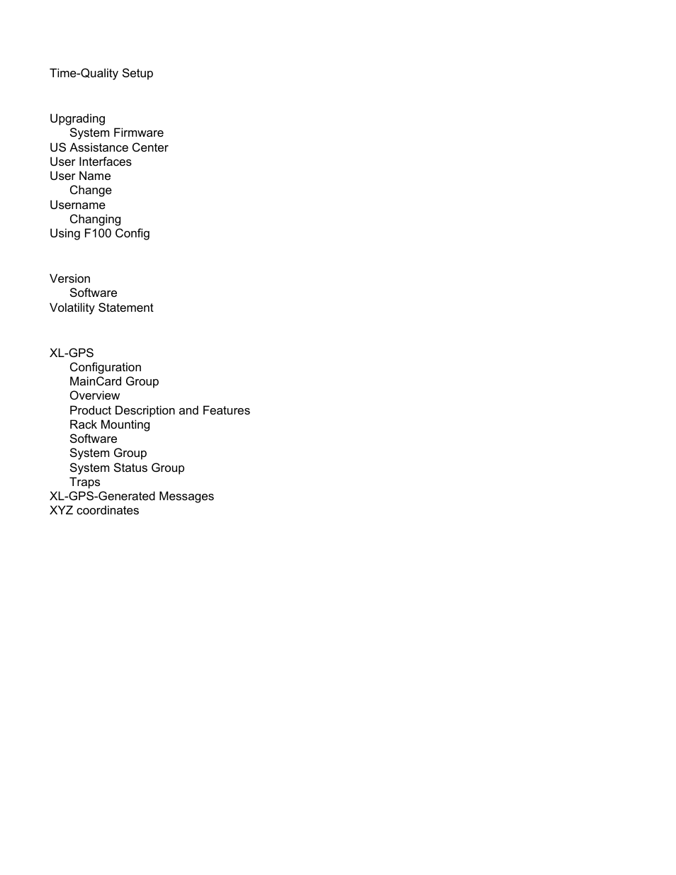 39 u, 114 v, 12 x | Time-quality setup, Upgrad ing, System firmware, Us assistance center, User interfac es, User name, Chan ge | Symmetricom XL-GPS User Manual | Page 162 / 162