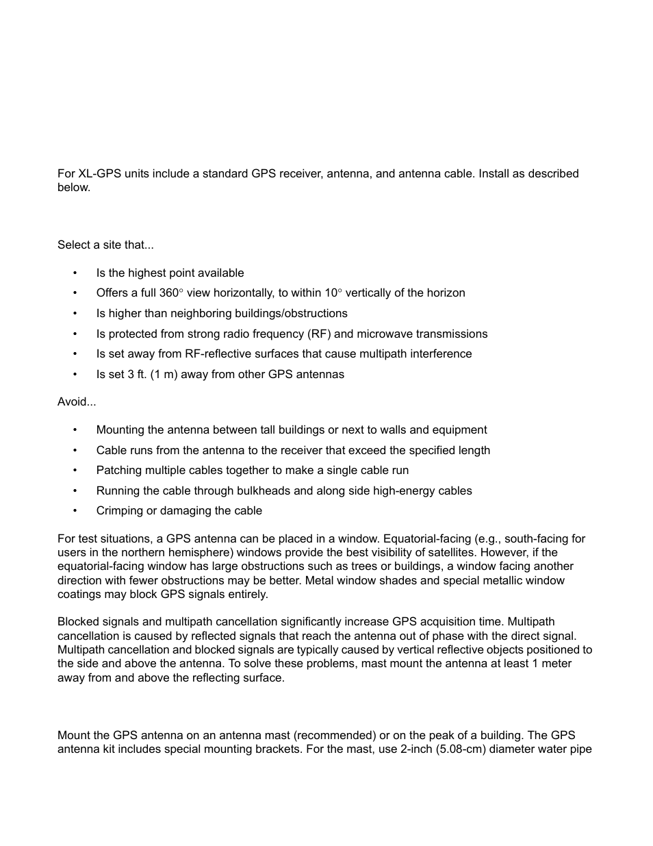 Installation/configuration, Installing the gps antenna, Selecting a gps antenna site outdoors | Mounting the gps antenna | Symmetricom XL-GPS User Manual | Page 23 / 162