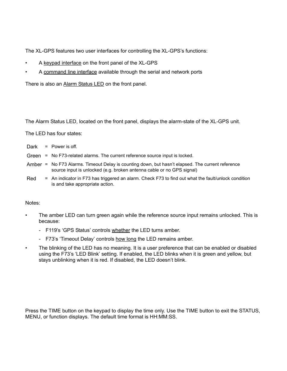 User interfaces, Alarm status led, Keypad interface | Time display, User interfaces alarm status led keypad interface, Green, Amber, Power is off | Symmetricom XL-GPS User Manual | Page 35 / 162