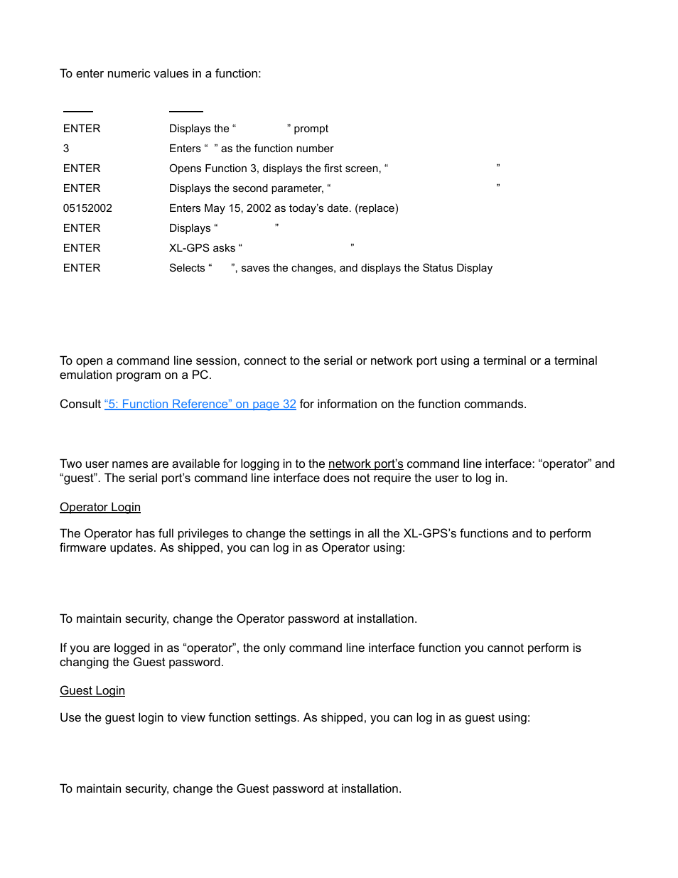 Command line interface, Logging in, Operator login guest login | User name: operator password: janus, User name: guest password: ttm | Symmetricom XL-GPS User Manual | Page 39 / 162