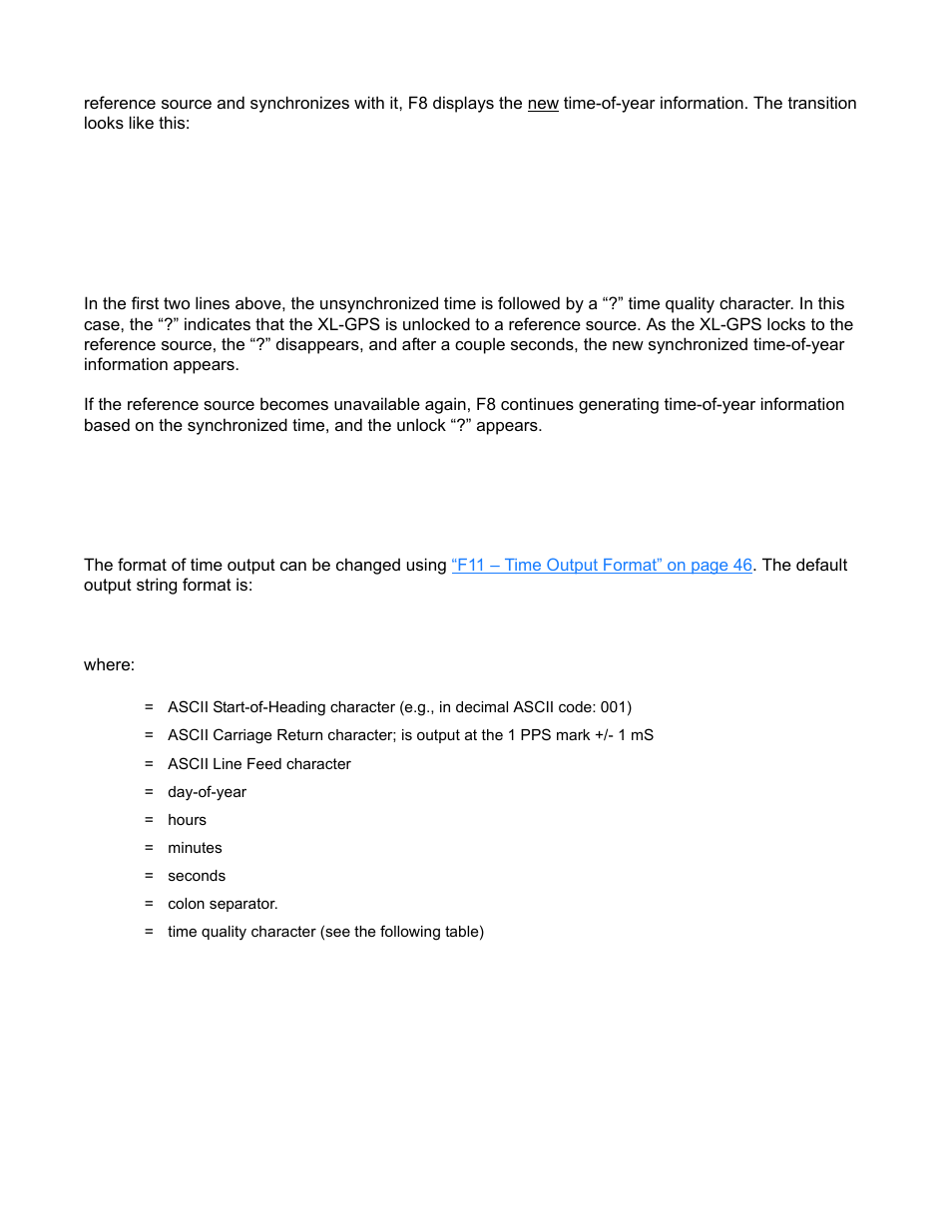 Where, Soh>ddd:hh:mm:ssq<cr><lf | Symmetricom XL-GPS User Manual | Page 53 / 162