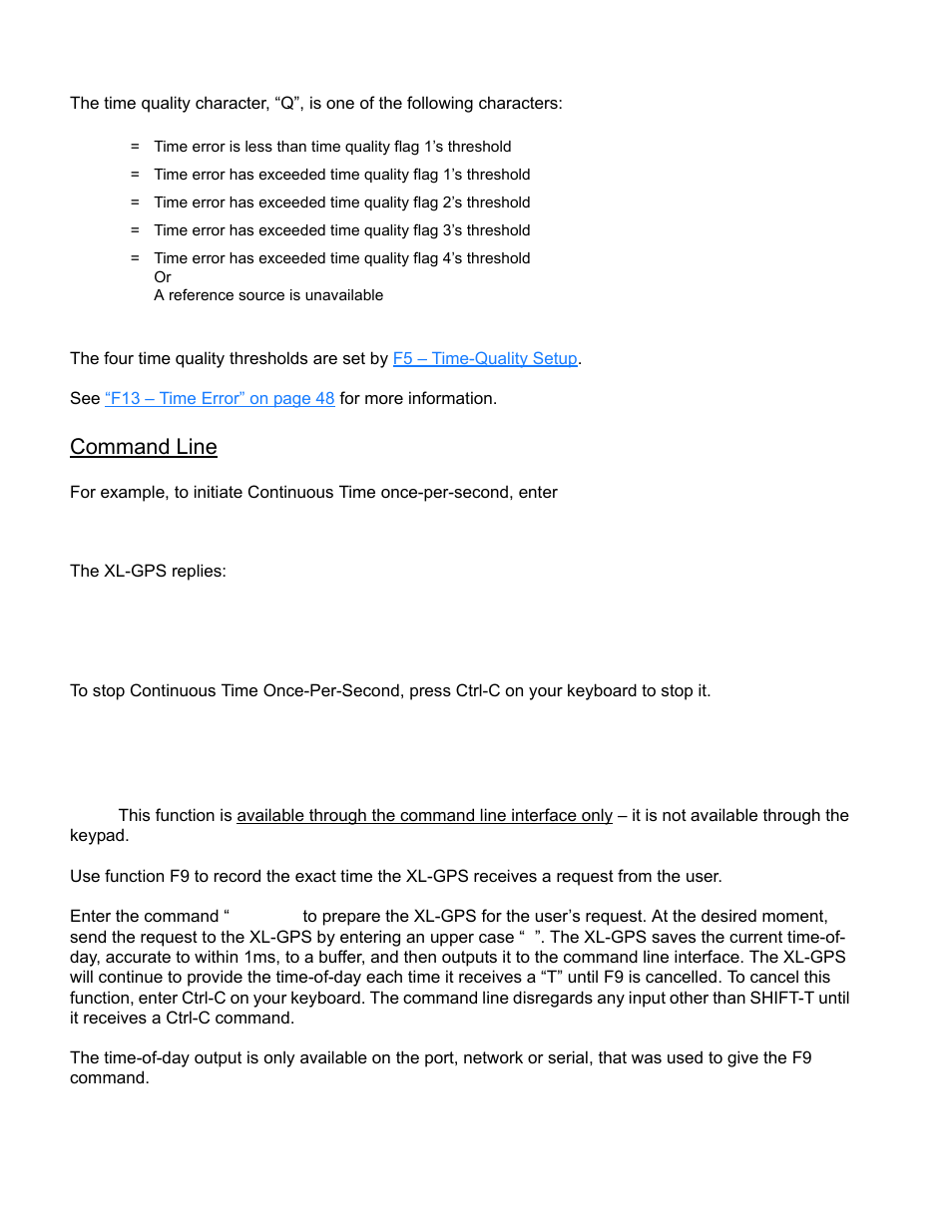 F9 - time on request, F9 – time on request, Command line | The xl-gps replies, F8<cr | Symmetricom XL-GPS User Manual | Page 54 / 162