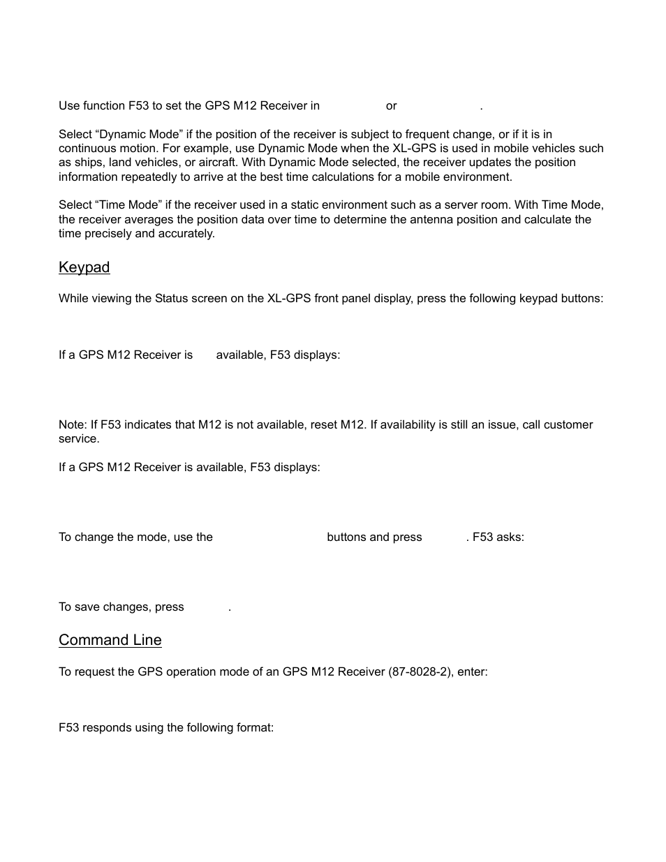 F53 - gps operation mode, F53 – gps operation mode, Keypad | Command line, F53 responds using the following format, Gps m12 availability not available, Gps mode select time mode (or dynamic mode), Save changes? yes, F53<cr, F53<sp><sep><status><cr><lf | Symmetricom XL-GPS User Manual | Page 65 / 162