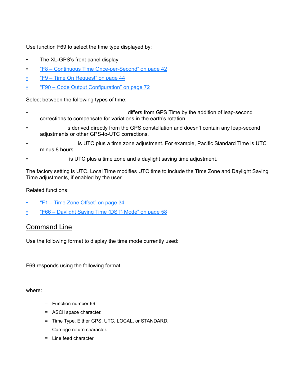 F69 - time mode, F69 – time mode, Command line | F69 responds using the following format, Where | Symmetricom XL-GPS User Manual | Page 71 / 162