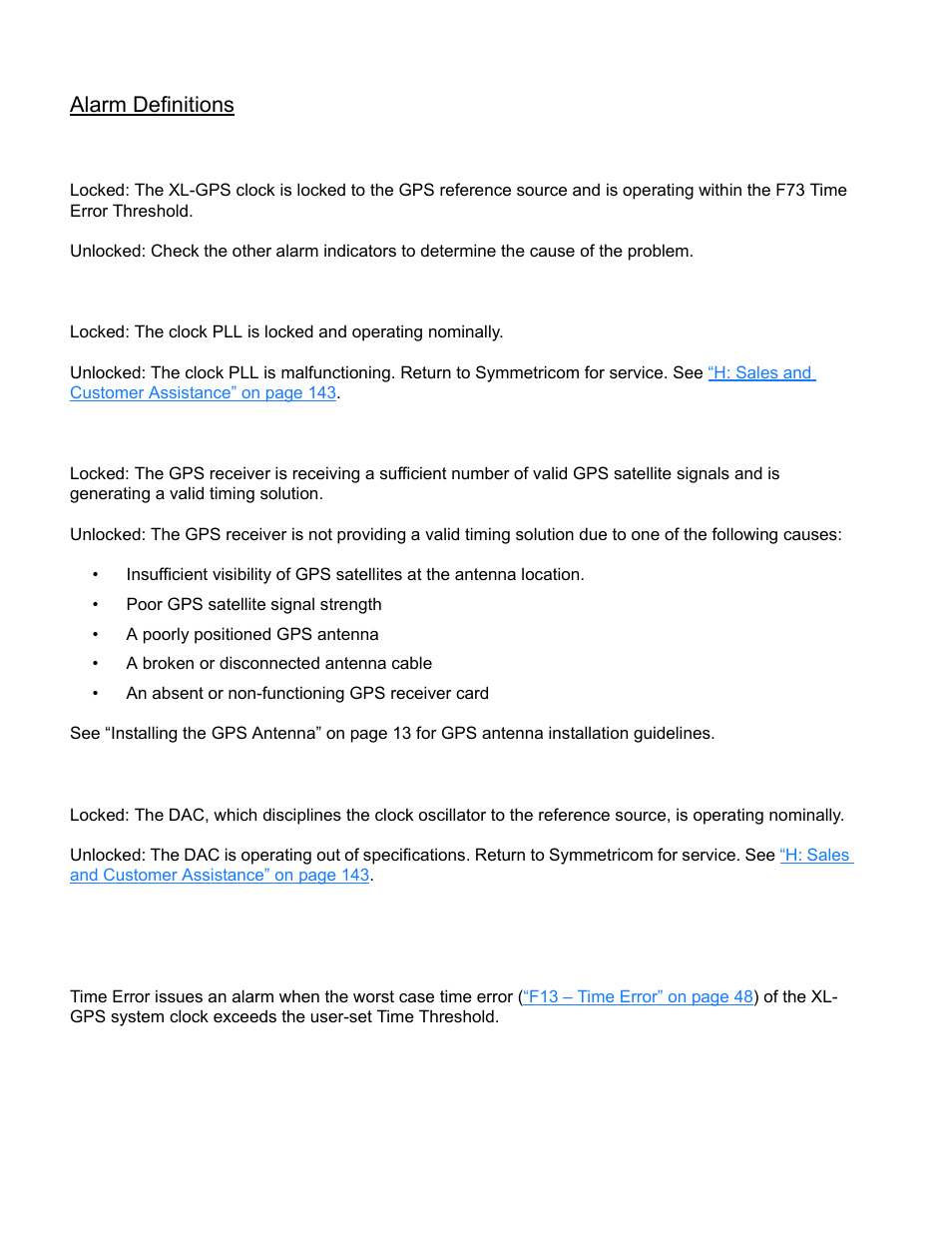 Alarm definitions | Symmetricom XL-GPS User Manual | Page 76 / 162