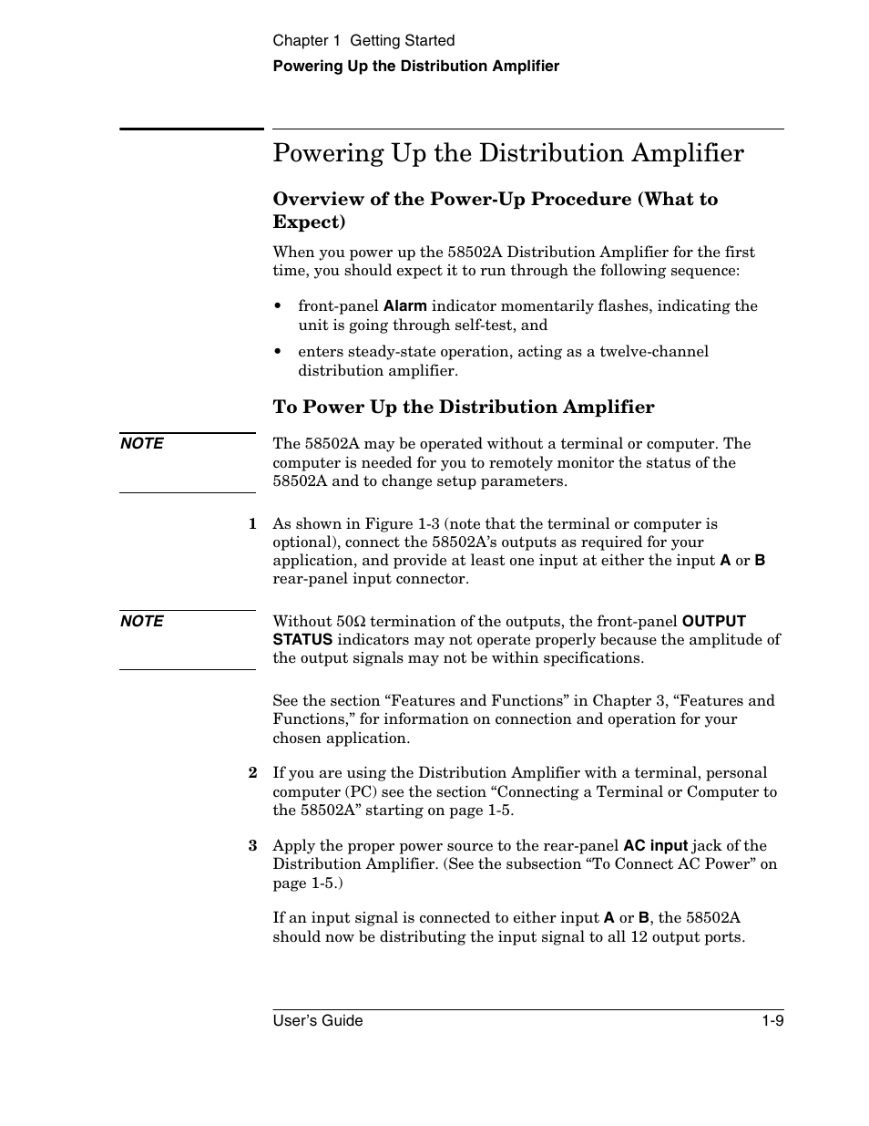 Powering up the distribution amplifier | Symmetricom 58502A User Manual | Page 19 / 88
