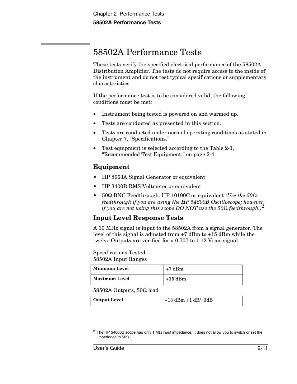 58502a performance tests, Equipment, Input level response tests | Symmetricom 58502A User Manual | Page 37 / 88