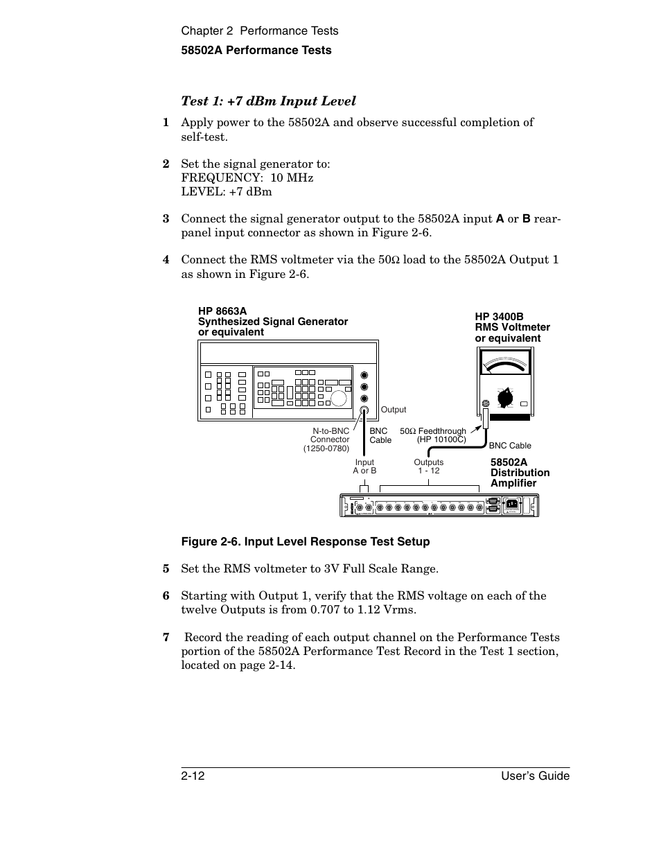 Test 1: +7 dbm input level, Hp 3400b rms voltmeter or equivalent | Symmetricom 58502A User Manual | Page 38 / 88