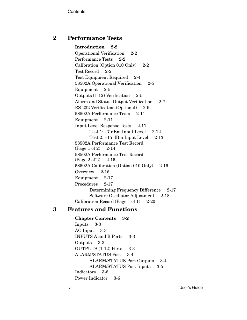 2performance tests, 3features and functions | Symmetricom 58502A User Manual | Page 4 / 88