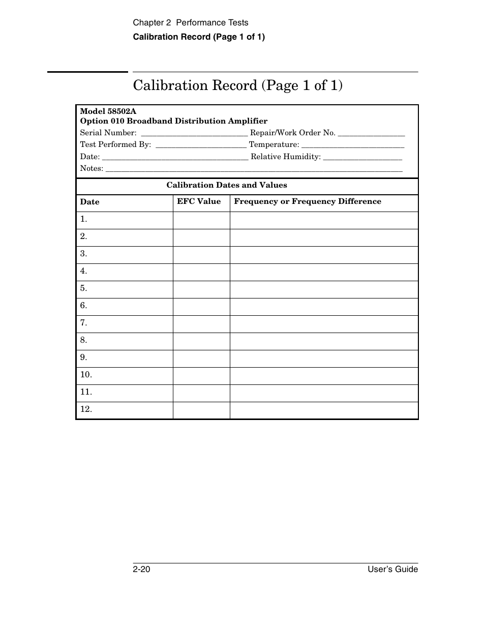 Calibration record (page 1 of 1) | Symmetricom 58502A User Manual | Page 46 / 88