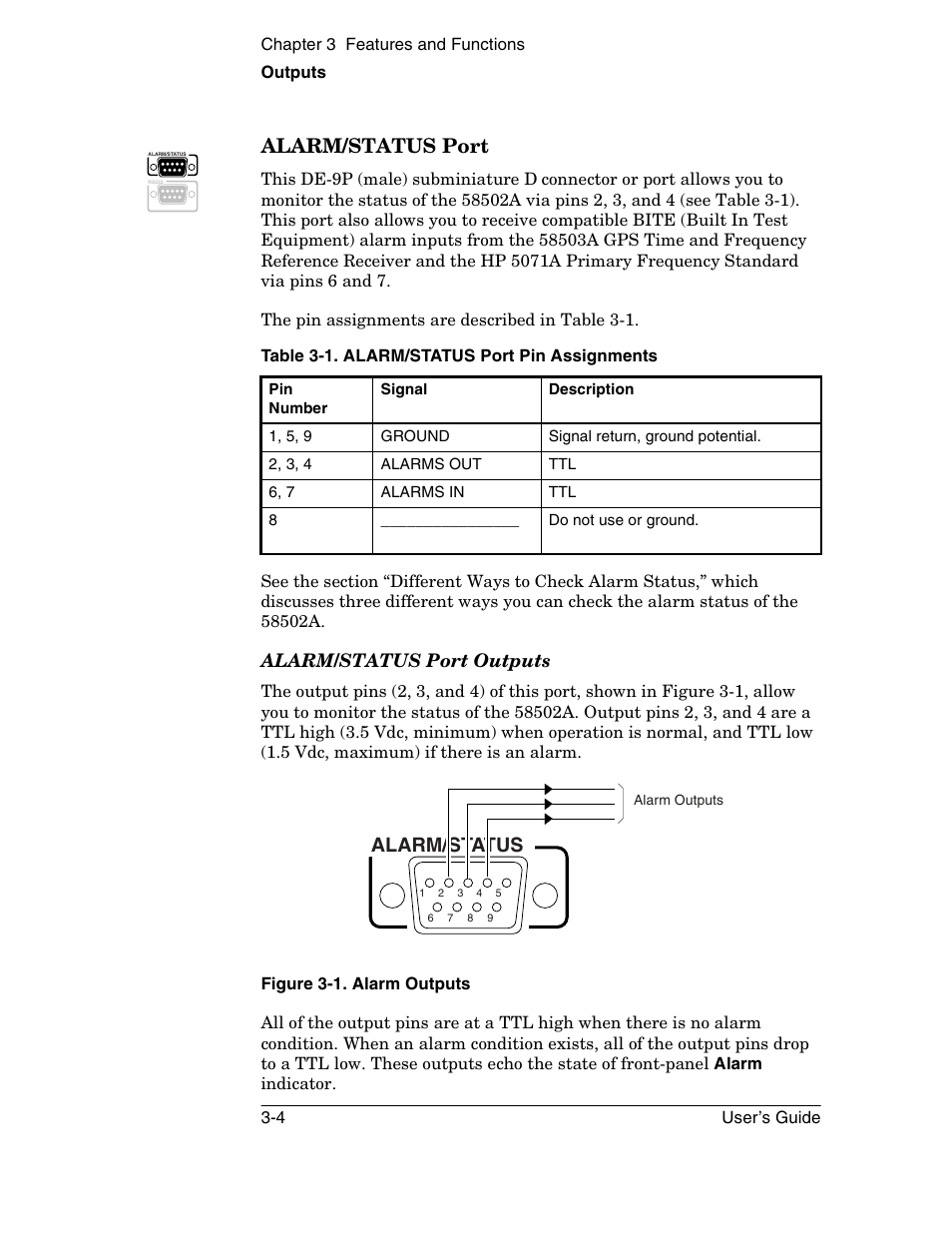 Alarm/status port, Alarm/status, Alarm/status port outputs | Symmetricom 58502A User Manual | Page 50 / 88