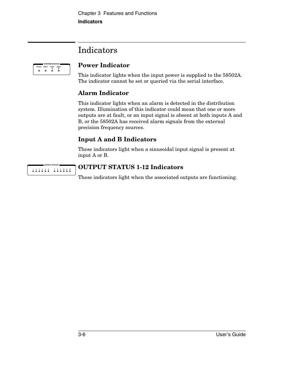 Indicators, Power indicator, Alarm indicator | Input a and b indicators, Output status 1-12 indicators | Symmetricom 58502A User Manual | Page 52 / 88