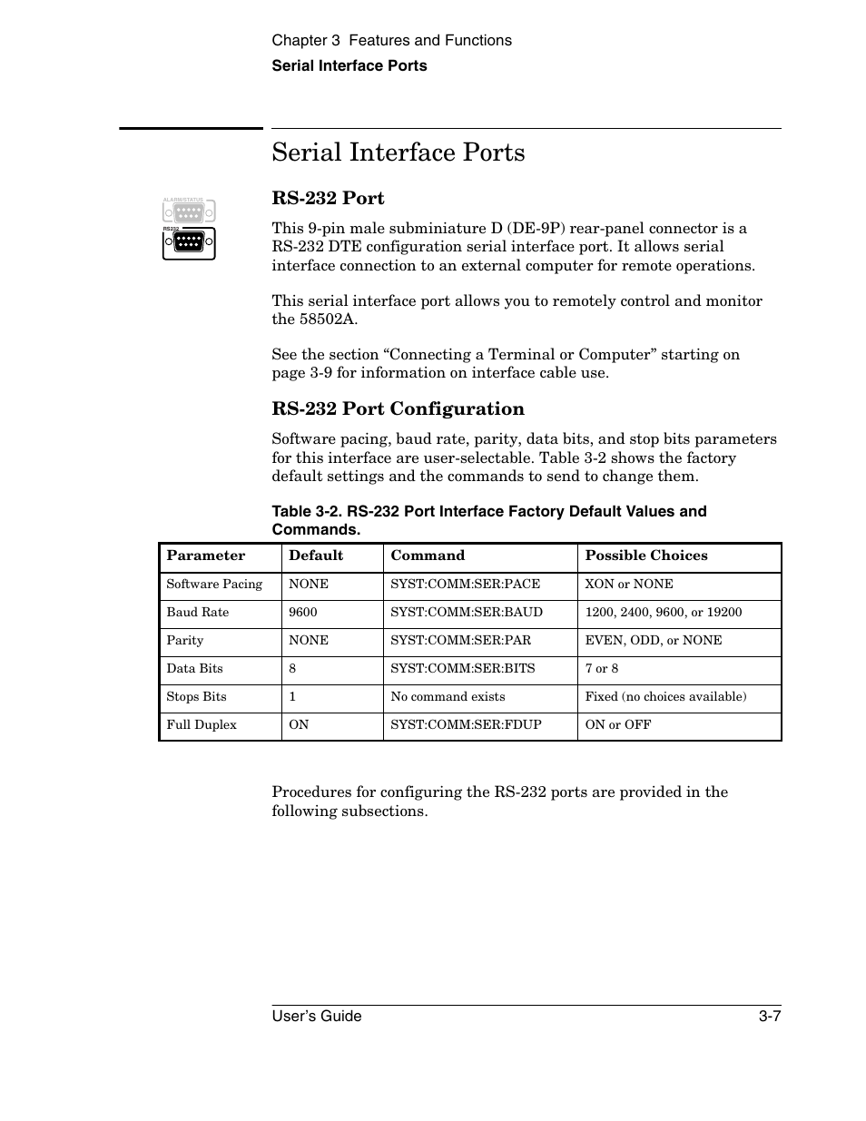 Serial interface ports, Rs-232 port, Rs-232 port configuration | Symmetricom 58502A User Manual | Page 53 / 88