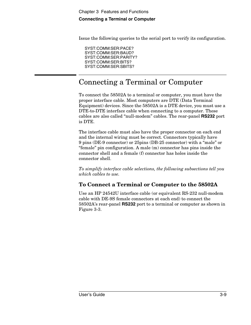 Connecting a terminal or computer | Symmetricom 58502A User Manual | Page 55 / 88