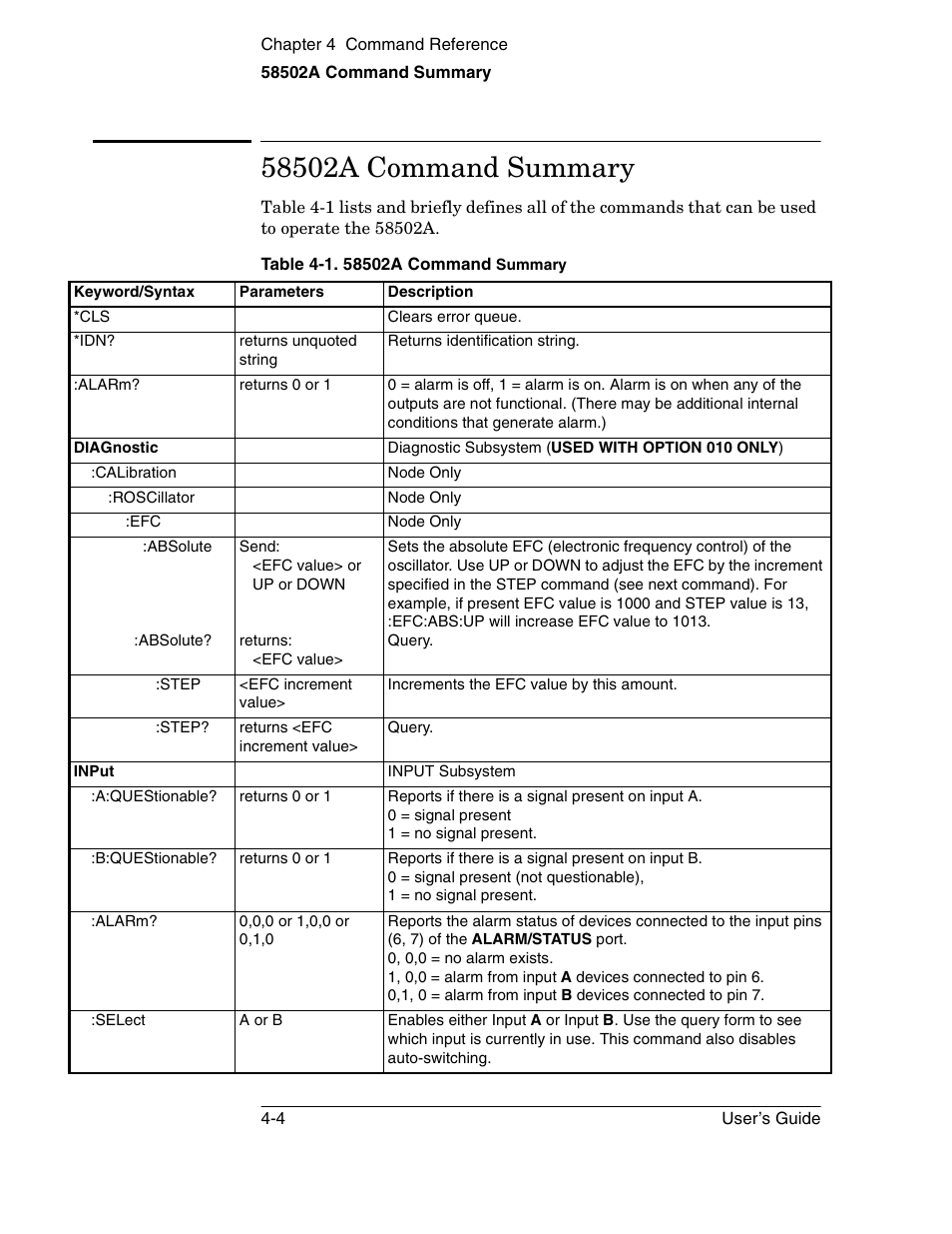 58502a command summary | Symmetricom 58502A User Manual | Page 62 / 88