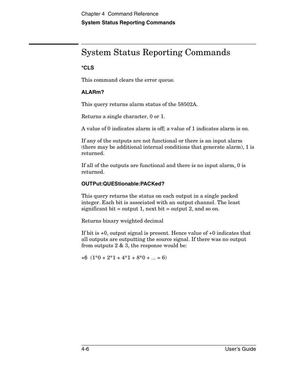 System status reporting commands | Symmetricom 58502A User Manual | Page 64 / 88