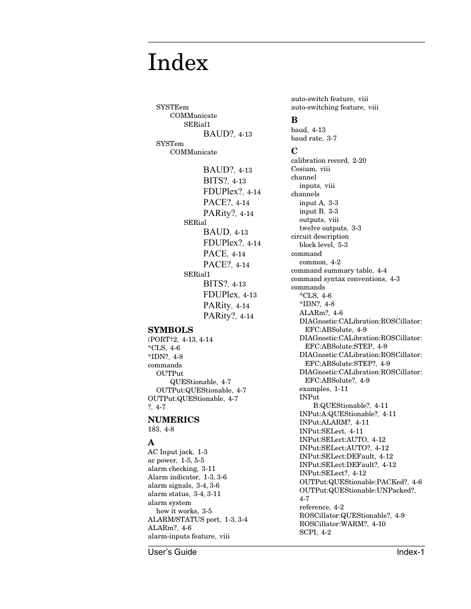 Index, Baud, Bits | Fduplex, Pace, Parity | Symmetricom 58502A User Manual | Page 85 / 88