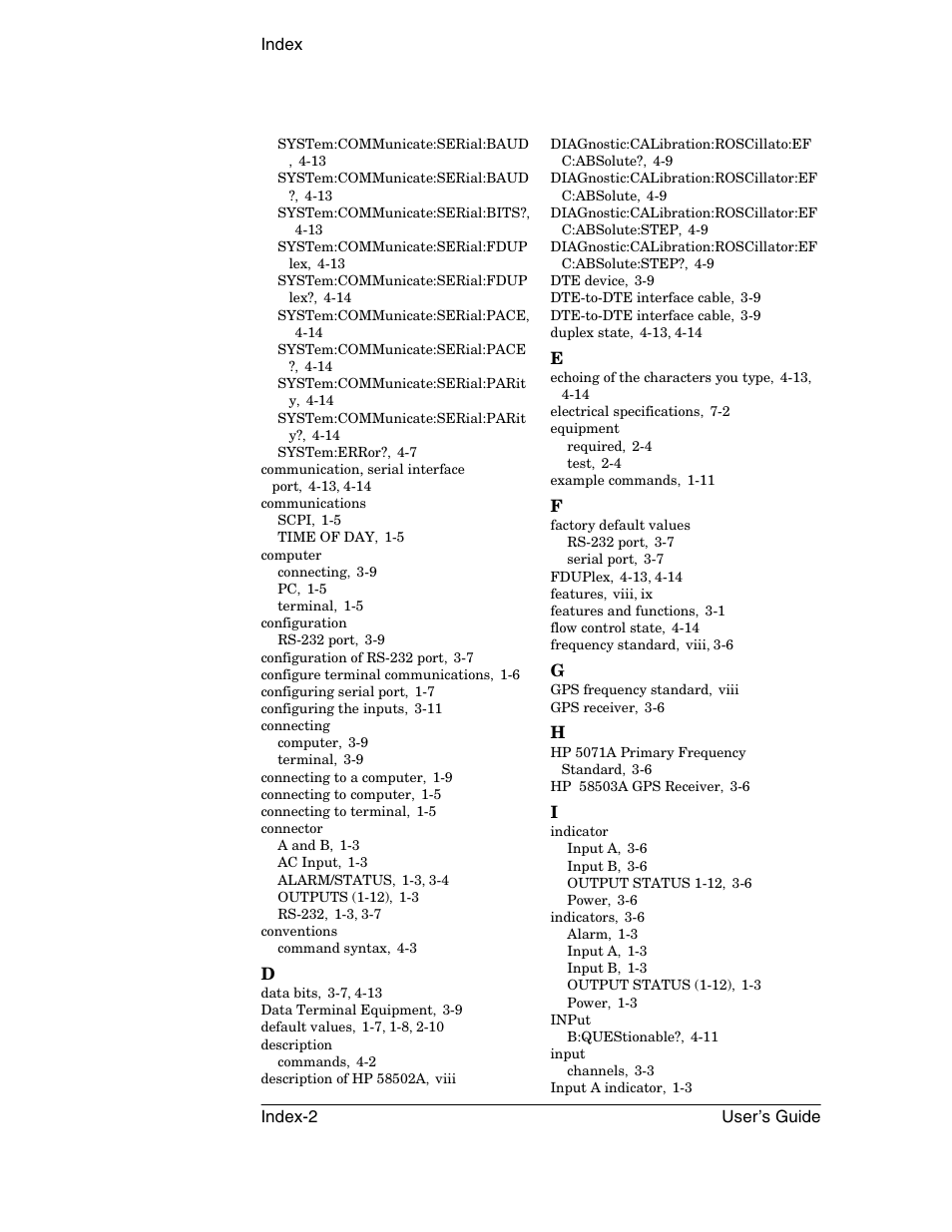 Index index-2 user’s guide | Symmetricom 58502A User Manual | Page 86 / 88