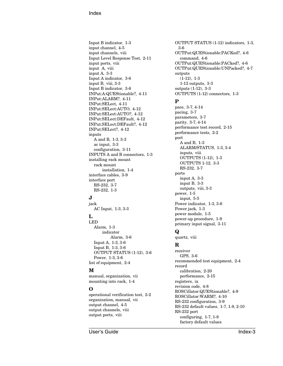 Index user’s guide index-3 | Symmetricom 58502A User Manual | Page 87 / 88