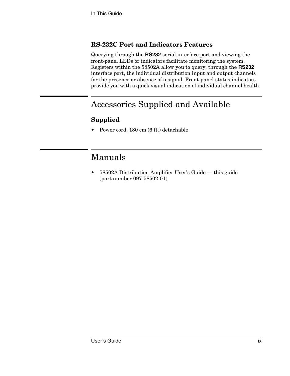 Accessories supplied and available, Manuals | Symmetricom 58502A User Manual | Page 9 / 88