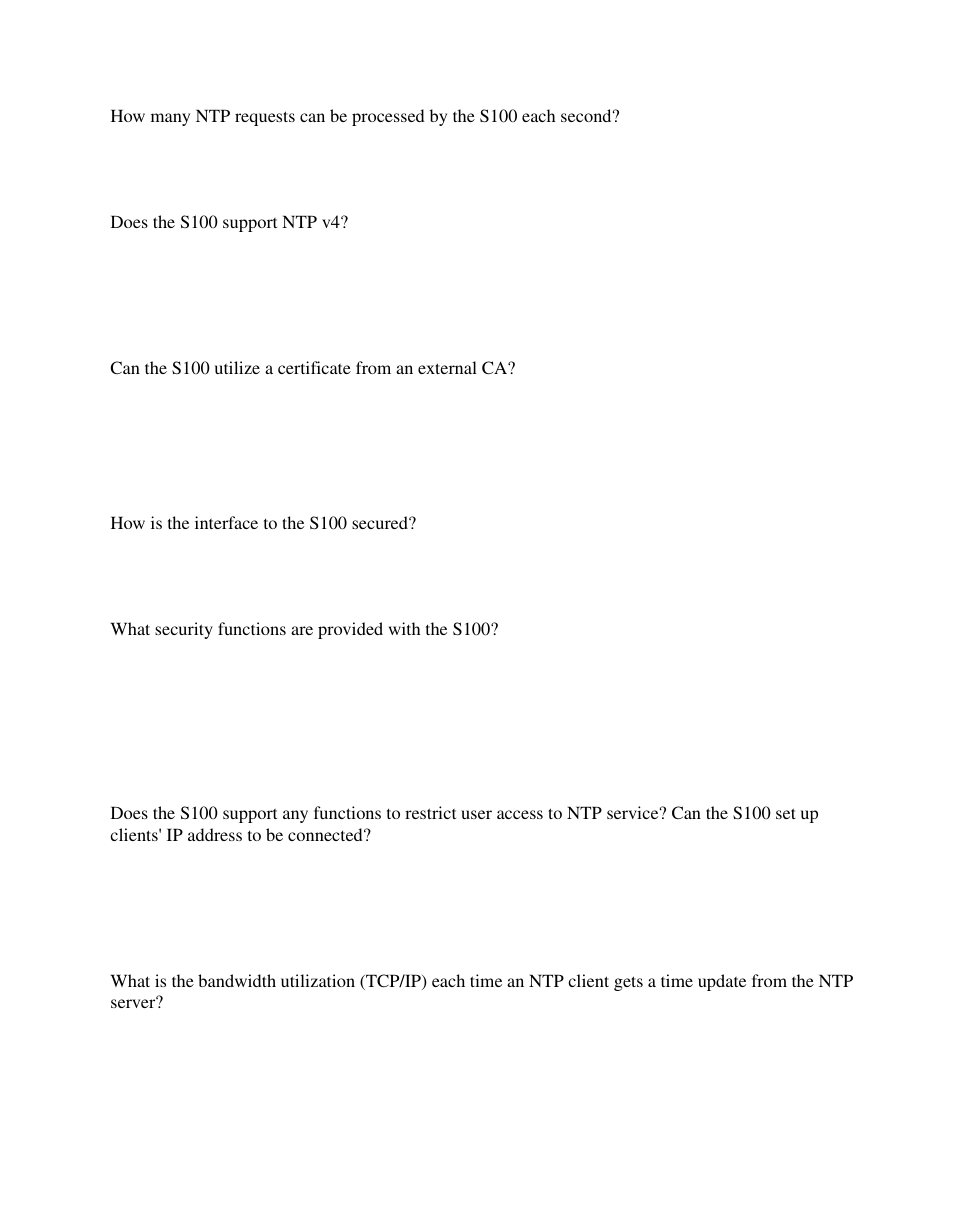 Does the s100 support ntp v4, How is the interface to the s100 secured, What security functions are provided with the s100 | Symmetricom S100 User Manual | Page 120 / 166