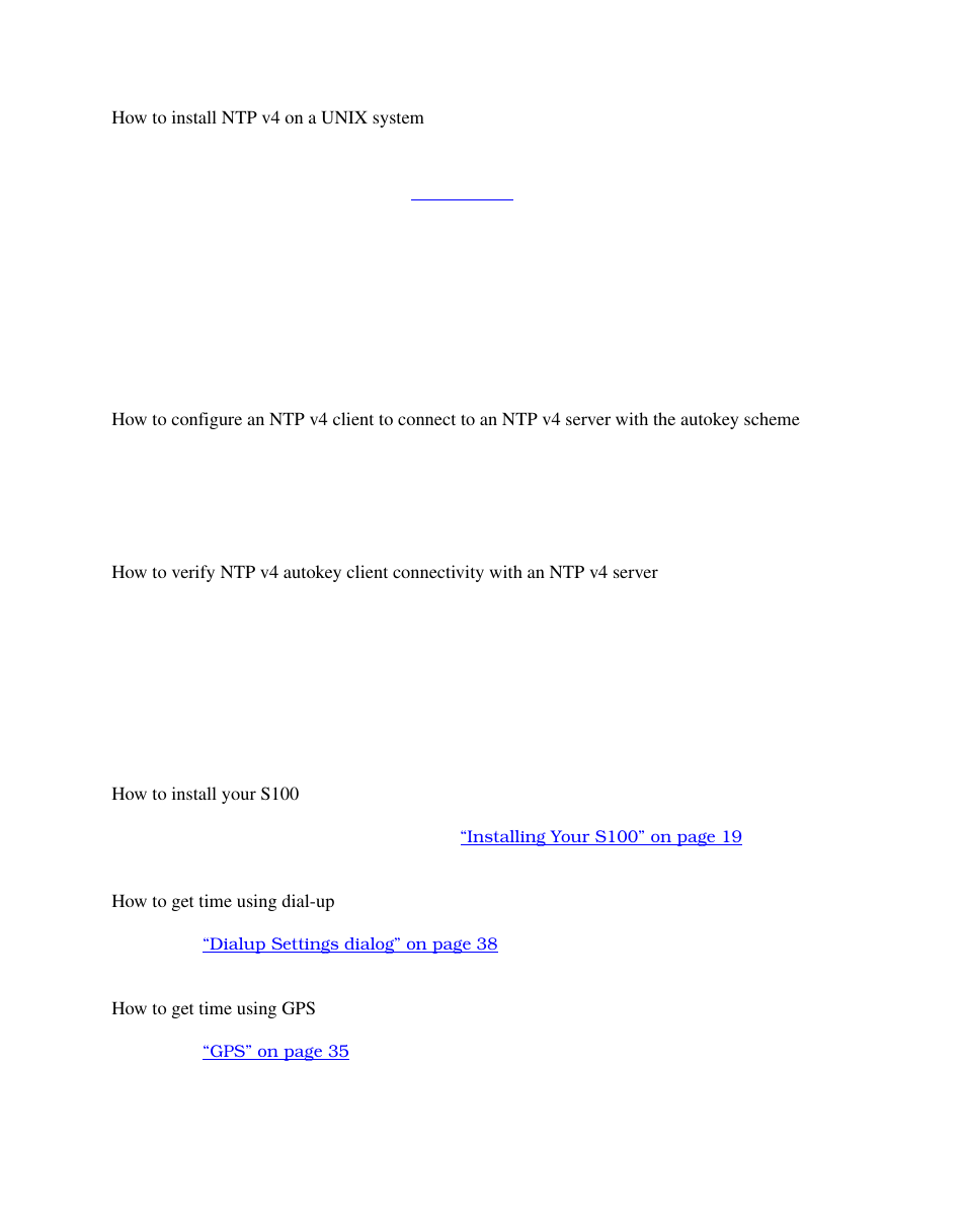 How to install ntp v4 on a unix system, How to install your s100, How to get time using dial-up | How to get time using gps | Symmetricom S100 User Manual | Page 122 / 166