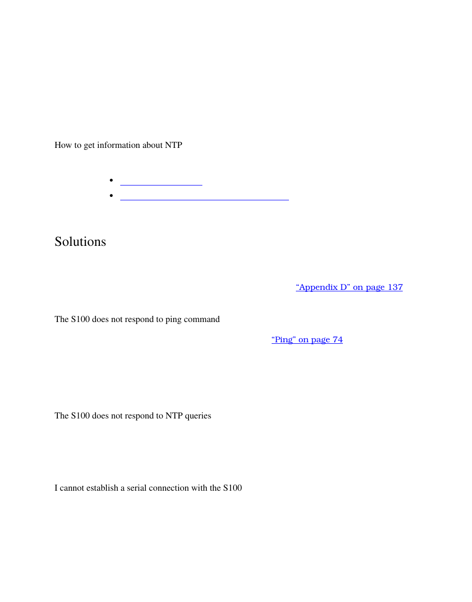 How to get information about ntp, Solutions, The s100 does not respond to ping command | The s100 does not respond to ntp queries | Symmetricom S100 User Manual | Page 124 / 166