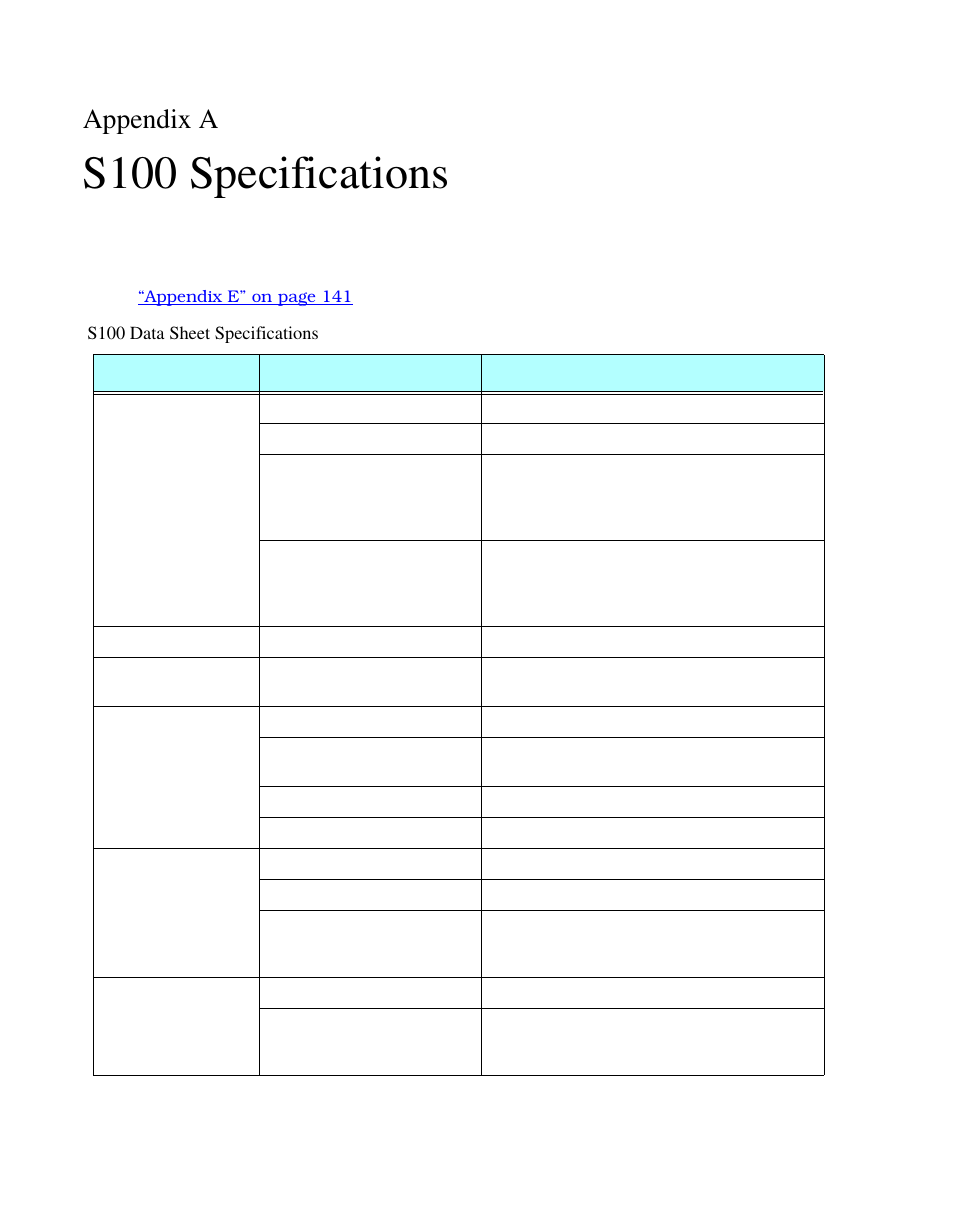 Appendix a, S100 specifications, S100 data sheet specifications | Symmetricom S100 User Manual | Page 127 / 166