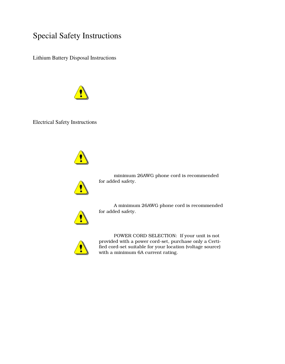 Special safety instructions, Lithium battery disposal instructions, Electrical safety instructions | Symmetricom S100 User Manual | Page 14 / 166