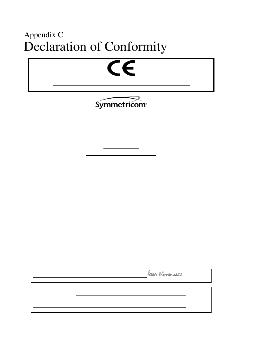 Appendix c, Declaration of conformity, Model s100 network time server | Symmetricom S100 User Manual | Page 147 / 166